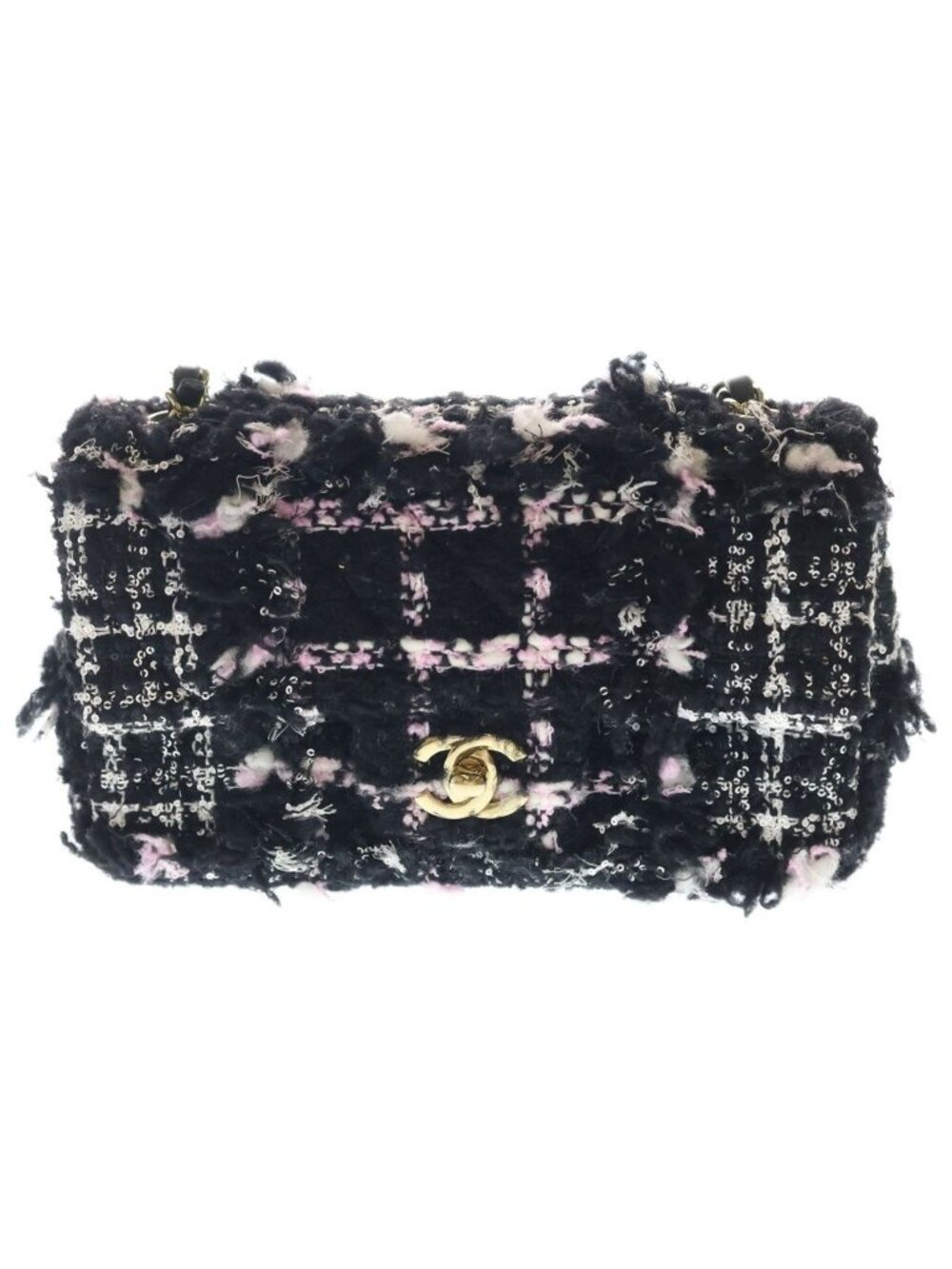 Chanel Mini Quilted Tweed Chain Shoulder Bag Black Pink White Gold
